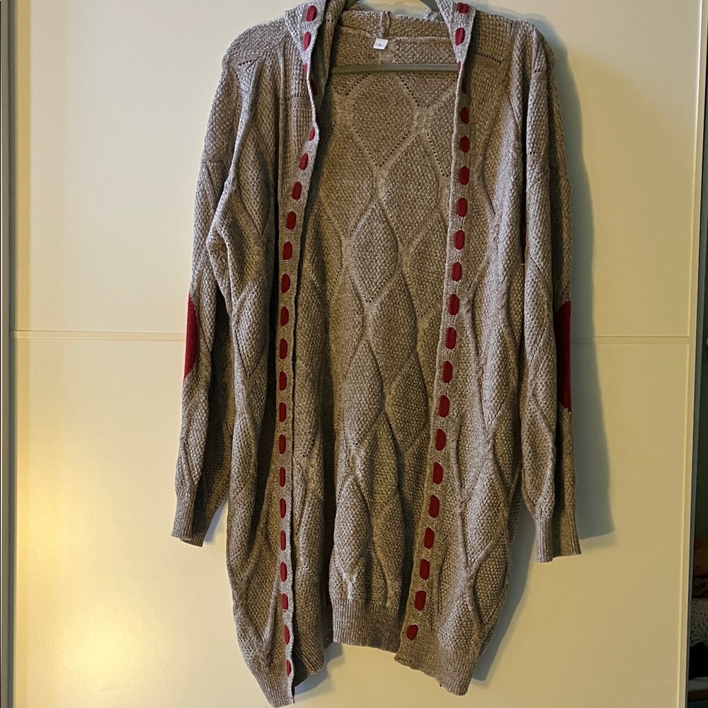 Cozy Lightweight Knit Cardigan - Beige with Red Accents